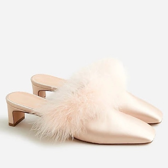 NWOB J.Crew Layla Square Toe Heel Mules Satin Peach with Feather Size 10 - Picture 1 of 16